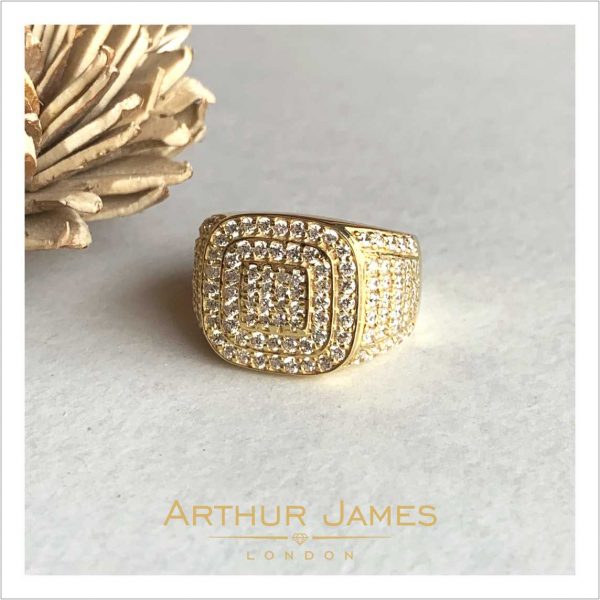 Mens Round Diamond Cluster Gold Plated Ring for men, Anniversary Gift for him