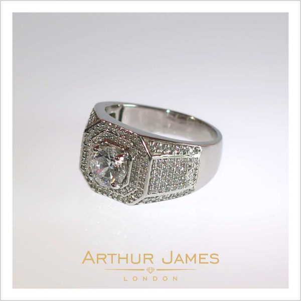 Diamond cluster White gold plated mens ring