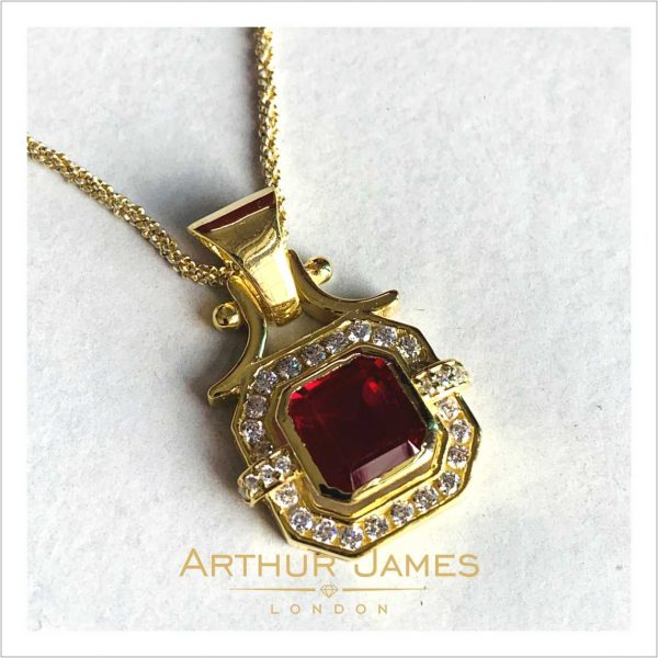 red ruby emerald cut gold plated diamond pendant for women