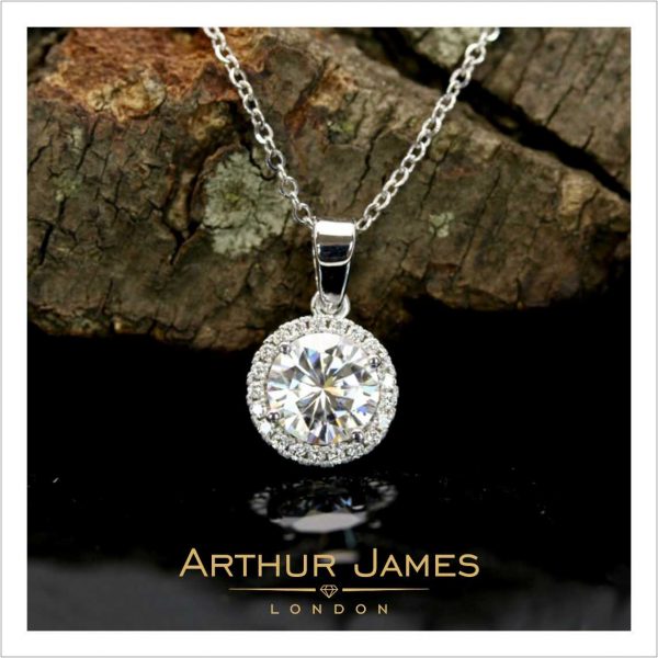 White gold plated halo diamond pendant for women