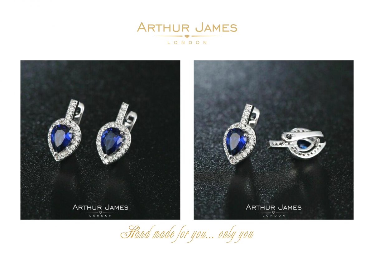 blue sapphire tear drop pear cut white gold drop earrings for women