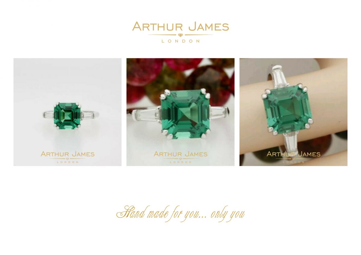 Asscher Baguette Green Emerald Diamond Ladies Ring