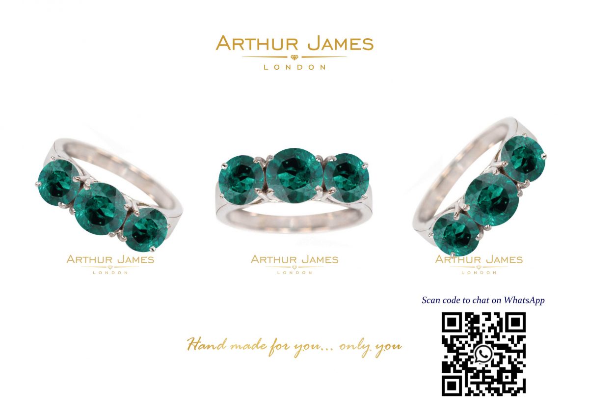 Green Emerald Three Stone Diamond Women's Ring