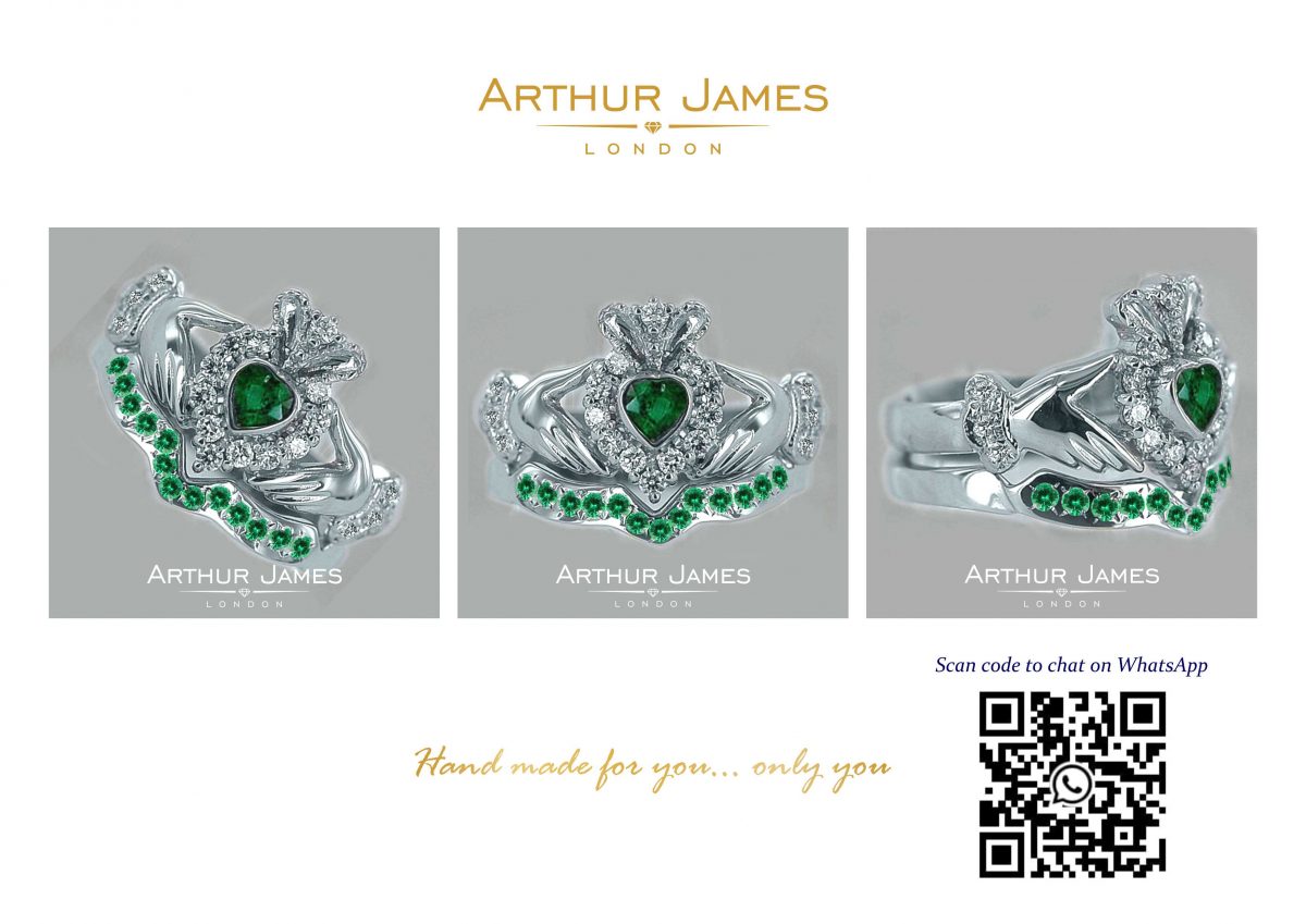 Claddagh Green Emerald Heart Cut Diamond Ladies Ring