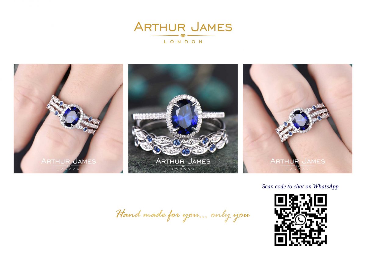 Oval Cut Blue Sapphire Diamond Trio Ladies Ring