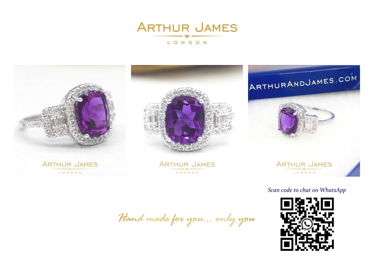 Purple Amethyst Cushion Cut Diamond Halo Ladies Ring